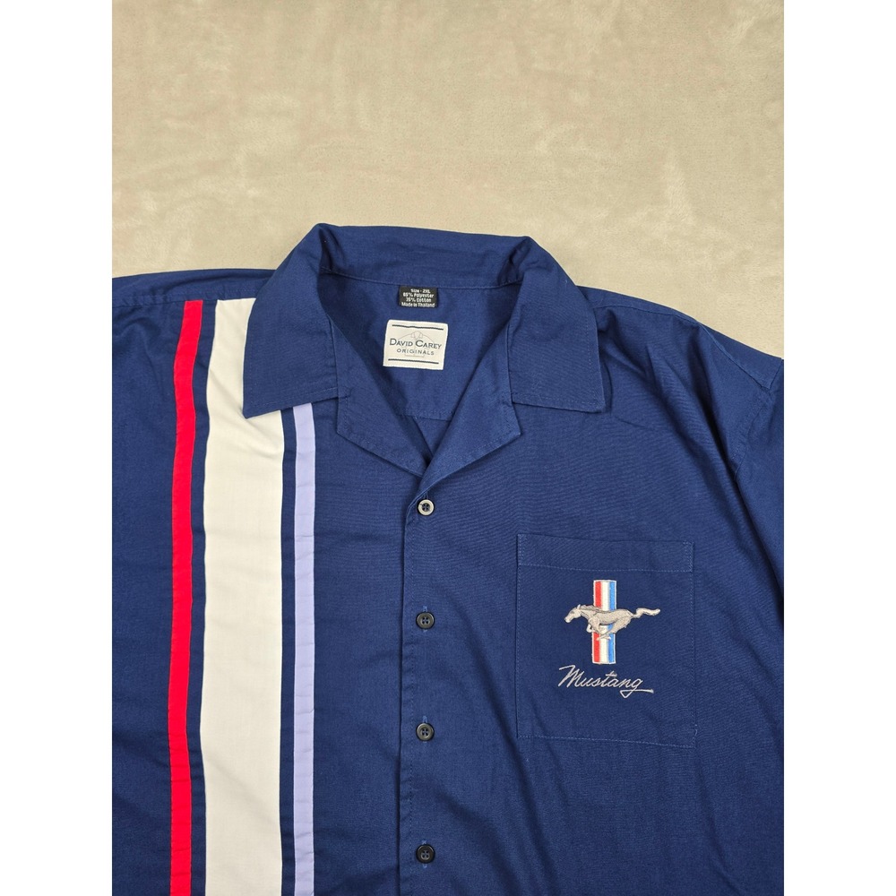 David Carey Mustang Shirt Mens 2XL Blue Ford Racing Stripe Button Up Camp